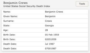 Benjamin Crews (1959) - United States Social Security Death Index.png